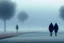 Placeholder: two people without gender seen from behind walking side by side in an empty foggy plain, above there is blue sky