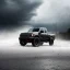 Placeholder: hyperrealistic shot, speeding 4x4 black truck, monotone color palette, sharp focus, puddle reflec1tion, tire mud splashes, refraction, huge boulders backdrop, mist on the horizon, thunder and lightning, overcast shadow, detailed and intricate, cinematic composition, 8k, micro, tilt shift photography, bokeh