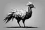 Placeholder: an emu-chocobo hybrid. full body. fantasy black and white line art ink drawing