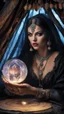 Placeholder: Hyper Realistic photographic-view of Wicked-&-Beautiful-Fortune-teller wearing black-beed-necklace-&-bracelet angrily Looking at her crystal-ball glowing magically & sitting in her tent decorated with fancy-traditional-ornaments-&-feathers showing dramatic & cinematic ambiance"