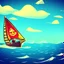 Placeholder: Small wooden ship, with bright sails, Legend Of Zelda: Wind Waker style, on a vast ocean, stylized, colorful, adventurous, full view.