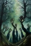 Placeholder: Human are planted in the ground like trees with hands up and looking at the sky. Busch painting style