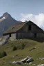 Placeholder: a large mountain, and on its top there is a small, ruined wooden house. Full profile view