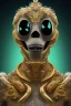 Placeholder: black male African alien, cracks in the voodoo head, wicked, diamond eyes, crown, blood, 8k, finely detailed, photo realistic, leopard style turquoise skull head gold dragon space alien rain skeleton gold teeth silver crown silver space suit spaceships