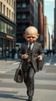 Placeholder: A man with suite carrying a business bag walking in the new York street , his head is an old scary baby doll with eyes removed