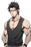 Placeholder: A handsome tall man, muscular, and a little dishevled looking with messy black hair and a stubble, tired, small eyes with large dark circles underneath. He has a black long t-shirt with oversize pants in anime style