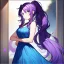 Placeholder: Clear focus, 8k, beautiful lighting, vibrant colors, girl, purple hair, long hair, vibrant blue eyes, ponytail, messy hair, blue dress,