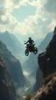 Placeholder: Bosch painting style nightmare in 3D , a man on motorcycle jumping between two mountains peeks background, high Quality picture , 8k