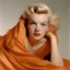 Placeholder: A photograph of marilyn monroe, with childish, with bed hair, no make up, in the style of milton greene, a pale orange silk scarf around her shoulders, white bacground