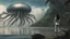 Placeholder: Detailed matte painting of a wide-angle shot of a woman, standing on the right side of an alien beach, with dark hair in a silver robotic catsuit, many large floating jellyfish with octopus tentacles, alien jungle trees in the distance