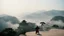 Placeholder: [very impressive high res masterpiece in Kodak Eastman 5247, bokeh scene by Stanley Kubrick] IP Man the shaolin kung fun master on the top of the hill, dust and fog,