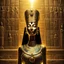 Placeholder: In the heart of a pyramid, the mummy of an Egyptian queen, Nefertiti, is ensnared within a gleaming bottle on the temple wall. Illuminated by a radiant ray of light, the bottle dazzles with intricate detail, reflecting the mummy-queen's bandages with exquisite precision.