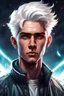 Placeholder: High Quality Science Fiction Character Portrait of a Young Man with White Hair in a Bomber Jacket.