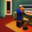 Placeholder: A man in Soviet Russia playing with a synthesizer and a tape machine in the style of Edward Hopper.