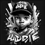 Placeholder: 3d Vector t shirt art ready to print black white grey graffiti illustration of A boy Indonesia and a basecap with text "addie" On cap, black background.