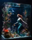 Placeholder: an beautiful mermaid swimming in glass box underwater aquarium on a display,glass flowers, high quality product image ,coral reef, flora and fauna, cosmic nebula, dark background christian dior style, with frozen flowers around her, stunning-design, beutifull, side profile artwork, glass paint, multicoloured, displayed, backlight