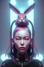 Placeholder: Portrait, Front image, cyberpunk Asian woman with rabbit mask, black pink color, latex dress, highly detailed, concept art, smooth, unreal engine 5, god rays, ray tracing, RTX, lumen lighting, ultra detail, volumetric lighting, 3d, finely drawn, high definition, high resolution.