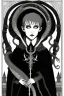 Placeholder: 7 year old boy, necromancer, friendly, looks dead,with a lamprey serpent , wearing black robes, in the style of Harry Clarke