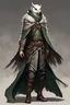 Placeholder: male high elf ranger wearing a leather jerkin and a gray and green hooded cloak, with a mantle of barn owl feathers, full body