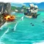 Placeholder: two pirate ships fighting each other at sea. They fire cannons at each other and one ship is hit and burns.