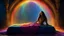 Placeholder: Zoe Saldana as The princess, bound by ropes of shadowy magic, lies sleeping at the feet of the rainbow on the witch's bed, her golden locks cascading around her like a veil of sunlight. The vibrant colors of the rainbow arch overhead, casting a surreal glow upon the scene, a stark contrast to the darkness that surrounds her. The princess's face, usually radiant with life and laughter, now bears a look of peaceful serenity in her slumber, as if she is caught in a dream