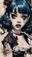 Placeholder: Poster in two gradually, a one side malevolent goth vampire girl face and other side the Singer Melanie Martinez face, full body, painting by Yoji Shinkawa, darkblue and sepia tones,