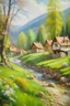 Placeholder: pintura tipo oleo de aldea de montaña en primavera con animalitos del bosque y un arroyo que emane frescura a la escena en un dia de sol