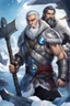 Placeholder: in anime style,1older man, a older man with blue eyes and black hair man in silver Viking armor with fur around the neck with blue crystal on his chest holding an axe in his hands standing on a pirate ship in the artic, warrior in anime style,