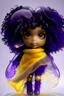 Placeholder: a cute see through glass doll, purple heart inside see through body, yellow scarf, curly black hair, 4k ultra realistic