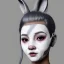 Placeholder: Front Portrait, Cyber rabbit mask teenager woman, color makeup, grey hair, rounded face, geisha style hair, white skin, pattern dress, velvet, vibrant color, cyberpunk style, highly detailed, art stations, concept art, smooth, unreal engine 5, god rays, ray tracing, RTX, lumen lighting, ultra detail, volumetric lighting, 3d, finely drawn, high definition, high resolution, gradient background