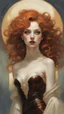 Placeholder: Vampiress, Queen of Dracula, a fiery-haired beauty with luscious curls and deep brown eyes, adorned in a regal futuristic gown that captures the essence of celestial bodies and stars. by Conrad Roset, Pino Daeni, Jeremy Mann, Alex Maleev, 16k resolution, super dramatic light, sharp focus, alexander mcqueen , John William Waterhouse rudolf hausner, daniel f. gerhartz,