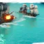 Placeholder: Two pirate ships fight each other at sea. Firing cannons. One ship is hit and burns after being hit.