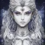 Placeholder: cosmic mage, elf, female, battle mage, epic, cosmic magic, long ears, white hair, face details, pale skin, jewellery, broad shoulders, sharp ears, cosmic clothes, cosmic eyes, ears shown, light out of eyes, the cosmos in eyes, stars in eyes, shining eyes, non human face, thin face, animation, detailed ears, magical eyes, non realistic, closed mouth, bigger make up