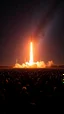 Placeholder: A field of random people in a bright lighting , 10 of rockets shot from earth to the sky with stars sky in a dark background , lot of rockets and falling stars filling the picture