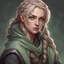 Placeholder: dungeons and dragons; portrait; solid background; human; female; thief; cloak; mischief; ash colored hair; pale green eyes; braided hair