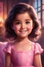 Placeholder: Digital painting of a cute little girl in a pink dress, front view, Agnes face, smile, dark hair, glowing eyes, cute face, adorable cute girl, cozy room in the background, Disney art, digital painting style, High Quality, 4k