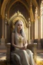 Placeholder: magical, mystical, majestic, beautiful pale mixed race queen with long wavy white hair, wearing a golden crown, sitting on golden throne, in the huge hall of the castle with carved columns, Macro photography, detailed, sharp focus, studio photo, intricate details, highly detailed, hyperrealism painting concept art of detailed character design, 4k resolution