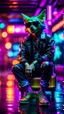 Placeholder: tap dancer, portrait of slick lord water wolf Gremlin myth buster pimp ninja cyber punk sitting on a hipster car parked in dark neon lit reflective wet arcade hall tunnel,bokeh like f/0.8, tilt-shift lens 8k, high detail, smooth render, down-light, unreal engine, prize winning