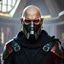 Placeholder: star wars bald male corellian jedi wearing gunmetal grey and black old republic armored flightsuit and breath mask with gold and metallic red trim inside the jedi temple, centered head and shoulders portrait, hyperdetailed, dynamic lighting, hyperdetailed background, 8k resolution, volumetric lighting, light skin, fully symmetric details