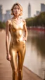 Placeholder: beautiful anorexic asian woman, total shot, shiny gold triathlon swimsuit, short blond wavy bob hair, blurred city background