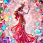 Placeholder: A goddess of love in a cleric dress dances in a vibrant, vibrating, color-rich 3D environment of metallic and crystal recursive geometric structures and an evolving ,Creative 3d fractal art, blurred bokeh effect,