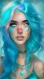 Placeholder: half body portrait, Realistic, beautiful fantasy woman, turquoise hair and eyes