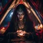 Placeholder: Hyper Realistic photographic-view of Wicked-&-Beautiful-Fortune-teller-with-glowing-red-eyes wearing black-beed-necklace-&-bracelet angrily Looking at her crystal-ball glowing magically & sitting in her tent at dark-night decorated with fancy-traditional-feathers-&-tarot-cards showing dramatic & cinematic ambiance"