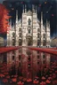 Placeholder: Milan Cathedral. Amanda Clark, Zdzisław Beksiński, Jacek Yerka and Yossi Kotler style mix, surreal whimsical autumn landscape, watercolor- fall foliage is almost over. A beautiful red maple clings to the last of its leaves and a flock of small birds nestled on its branches, watercolour and ink illustration, wet-on-wet, loose water effects, white, red and golden paint splatter, voronoi pattern, richly textured, fluffy clouds, beautiful vibrant colors, opalescent gradient. Modifiers: intricate bea