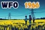 Placeholder: bumper sticker design, westall in bold heading text ufo 1966, lots of school children looking up in a field with high voltage powerline and gumtree's, mysterious cool, bold