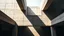 Placeholder: Monumental concrete structure with suspended planes and deep shadows, crossed by an oblique beam of light revealing rough textures and a central void that seems to breathe, minimalist architectural painting style with ochre accents.