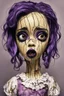 Placeholder: full color, illustration of a darkpurple and gold tones, menacing, Singer Melanie Martinez face, as a decayed, broken, crude homemade cloth doll toy, with a narrow cracked porcelain face, thick dark eyebrows, hair in two gradually, made from ragged strips of cloth, in the style of Alex Pardee, Tim Burton, and Nadya Sheremet