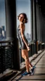 Placeholder: beautiful anorexic young woman, total shot, short shiny anthracite triathlon swimsuit, short brunette wavy bob hair, blurred city background