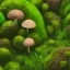 Placeholder: microphotography mushroom growing in a mossy dense lush green woods, high definition, detail, HD, 8k, realistic, 3d rendering, blender, photography, fisheye, bulge, tilt shift blur