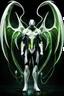 Placeholder: Cyborg symbiote, white color, green color, tendrils, high tech, cyberpunk, biopunk, membrane wings, carbon fiber, cyber tentacles, and the other two.